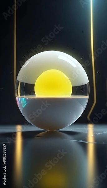 Fototapeta holographic ball in building on black background. 3D rendering of glossy white  ball in holographic