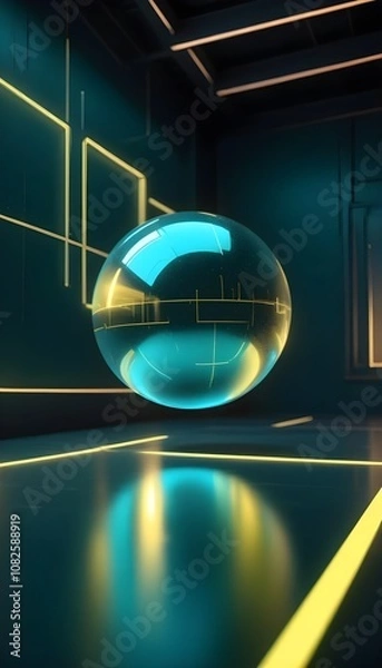 Fototapeta holographic ball in building on black background. 3D rendering of glossy white  ball in holographic