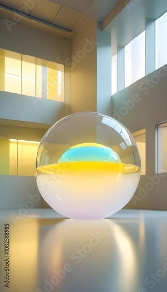 Fototapeta holographic ball in building on black background. 3D rendering of glossy white  ball in holographic