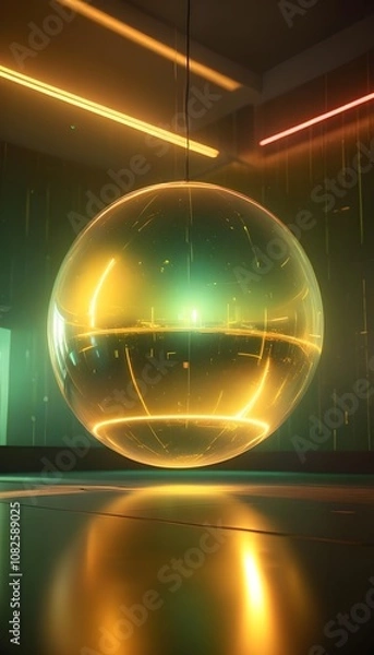 Fototapeta holographic ball in building on black background. 3D rendering of glossy white  ball in holographic
