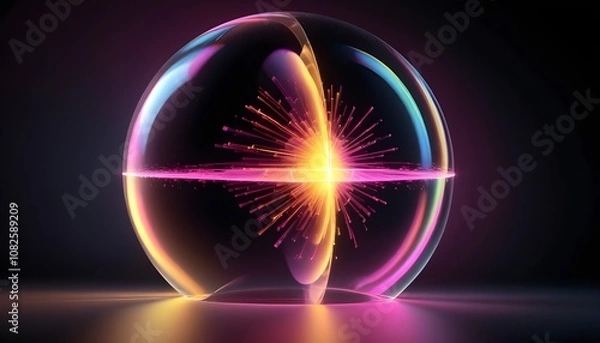 Fototapeta holographic ball in building on black background. 3D rendering of glossy white  ball in holographic