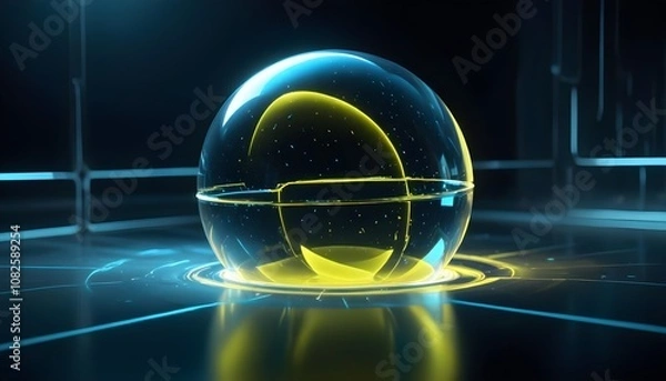 Fototapeta holographic ball in building on black background. 3D rendering of glossy white  ball in holographic