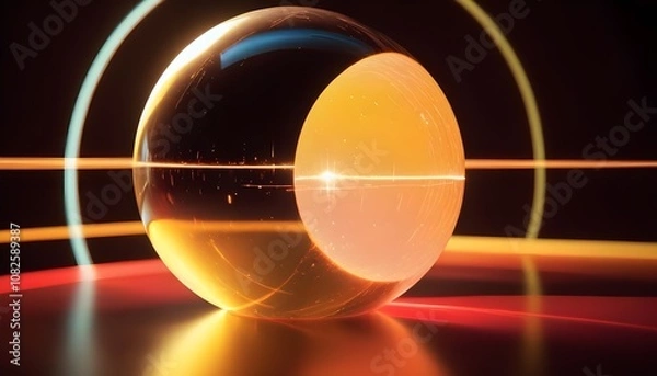 Fototapeta holographic ball in building on black background. 3D rendering of glossy white  ball in holographic