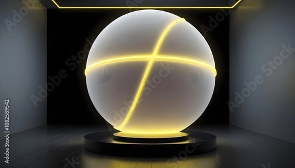 Fototapeta holographic ball in building on black background. 3D rendering of glossy white  ball in holographic