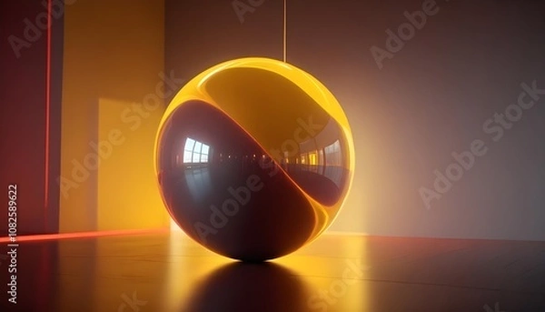 Fototapeta holographic ball in building on black background. 3D rendering of glossy white  ball in holographic