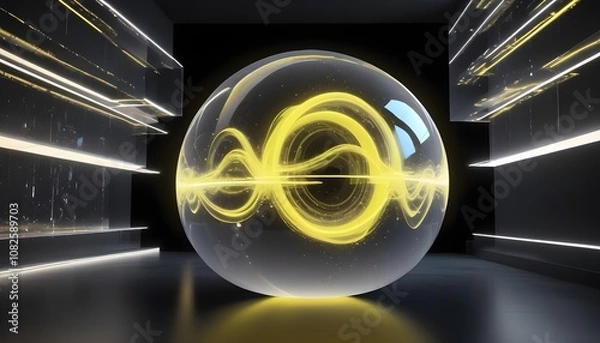 Fototapeta holographic ball in building on black background. 3D rendering of glossy white  ball in holographic