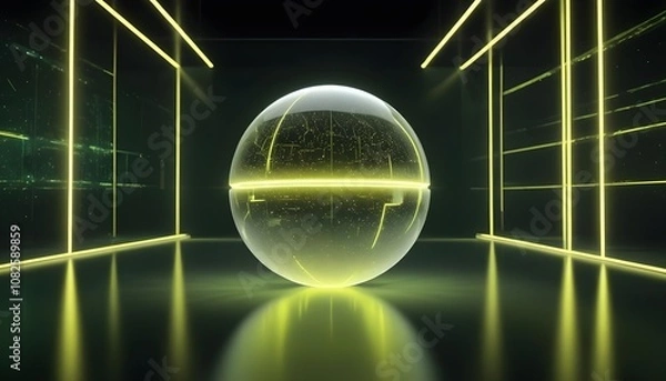 Fototapeta holographic ball in building on black background. 3D rendering of glossy white  ball in holographic
