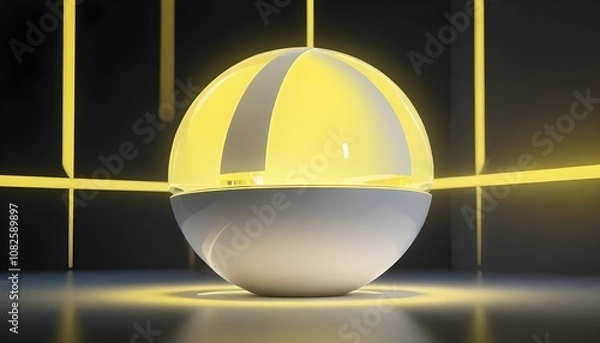Fototapeta holographic ball in building on black background. 3D rendering of glossy white  ball in holographic