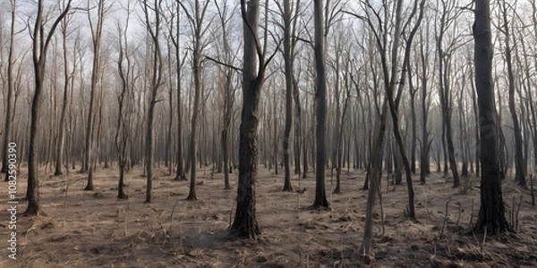 Obraz Silent and Sparse Forest of Bare Trees in a Dry Environment