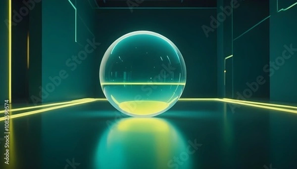 Fototapeta holographic ball in building on black background. 3D rendering of glossy white  ball in holographic