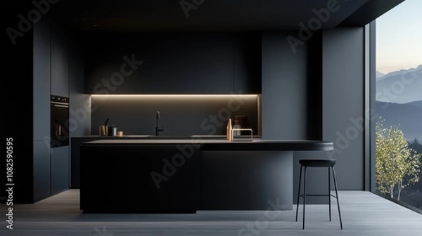 Obraz A black kitchen with a countertop and a chair