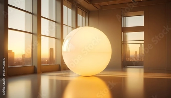 Fototapeta holographic ball in building on black background. 3D rendering of glossy white  ball in holographic