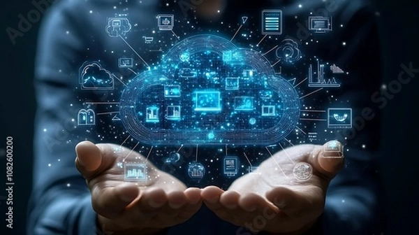 Fototapeta An AI-powered hologram cloud system surrounded by icons