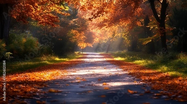 Fototapeta A road with trees on either side and leaves on the ground