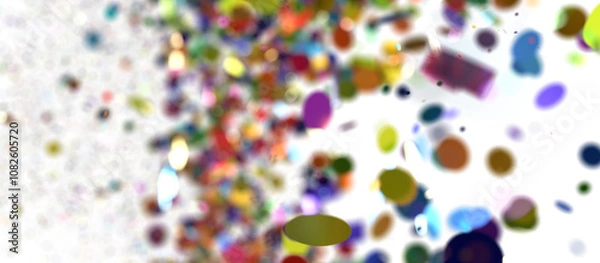 Fototapeta 3D rendering of colorful confetti exploding and scattering against a white background. Perfect for celebratory or festive designs.