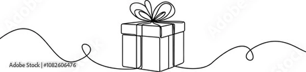 Fototapeta Gift box one line drawing. Continuous one line gift box.Presents with ribbon bow.Hand drawn greeting present box.Line art christmas surprise.	