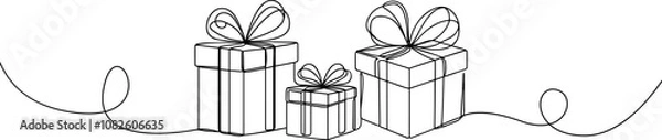 Fototapeta Gift box one line drawing. Continuous one line gift box.Presents with ribbon bow.Hand drawn greeting present box.Line art christmas surprise.	Gift boxes stack	