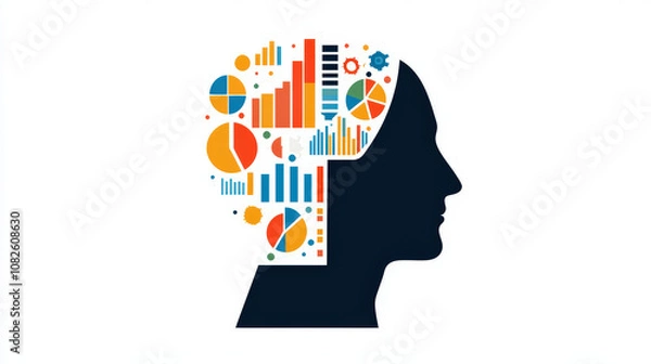 Fototapeta human head silhouette filled with colorful charts and graphs symbolizes data analysis and intelligence. This creative design represents fusion of knowledge and visual information