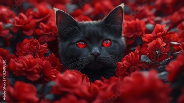 Fototapeta Black cat with red eyes hiding in red flowers