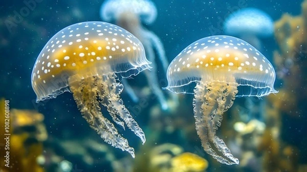 Fototapeta Jellyfish (Cubozoa) swimming in tropical underwaters bottom view. Medusa in underwater wild animal world. Observation of wildlife ocean. Scuba diving in Ecuador coast