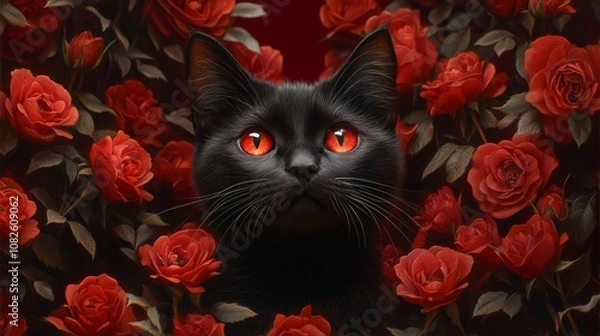 Fototapeta Black cat with red eyes emerging from red roses