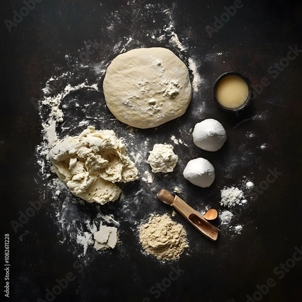 Fototapeta Knead the dough with the ingredients on dark background