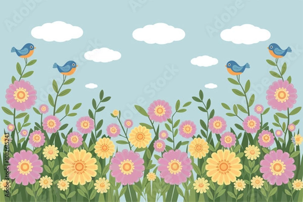 Fototapeta flat springtime background with birds and flowers in bloom.