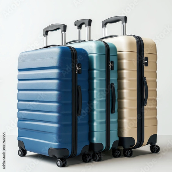 Obraz Trio of Suitcases in Blue, Black, and Beige, Arranged for a Group Vacation
