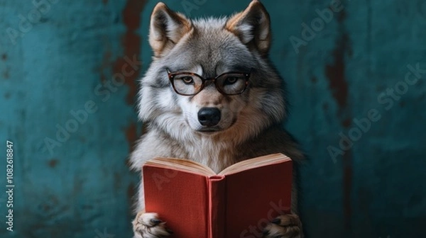 Fototapeta Intelligent wolf reading a book while wearing eyeglasses