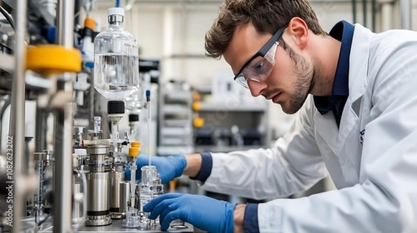 Fototapeta Scientist conducting experiments in a laboratory setting, focused on glassware and equipment.