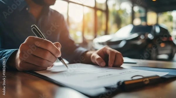 Obraz A car owner filing a claim through an auto insurance portal after an accident, with their car visible in the background.