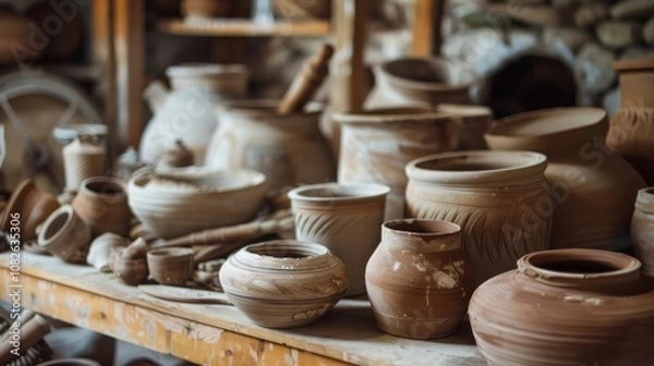 Fototapeta An artistic pottery studio with tools and clay pots, Pottery wheels and crafted pots arranged aesthetically, Rustic craft style