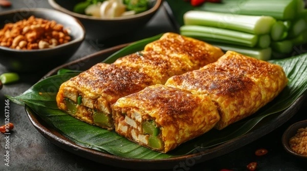 Fototapeta Four crispy egg rolls with vegetable filling on a banana leaf, on a plate.