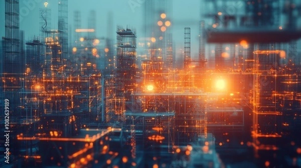 Fototapeta Futuristic cityscape with glowing orange lines and lights, depicting a digital network or data flow.