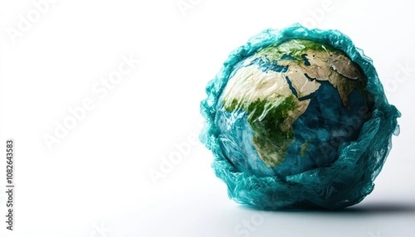 Fototapeta A globe wrapped in blue plastic, symbolizing the environmental impact of pollution and the need for sustainable practices, isolate on white background.