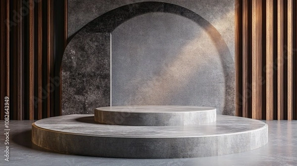 Fototapeta Empty double concrete podium displaying products on gray concrete floor