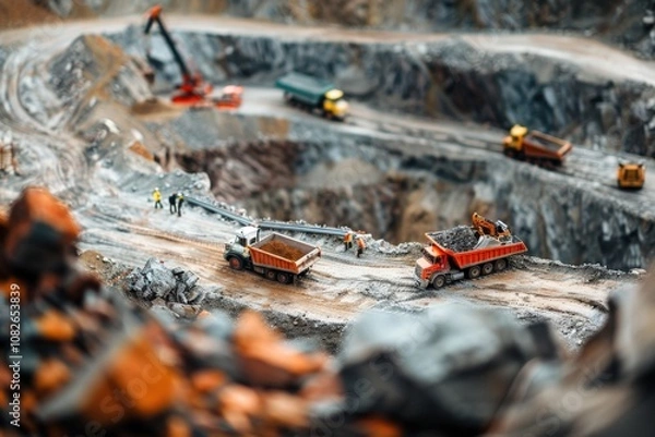 Fototapeta Heavy machinery works at a quarry site with trucks and excavators transporting materials during daylight hours