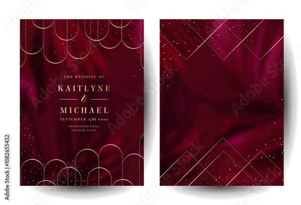 Obraz Bright magenta tropical leaves foliage vector backgrounds. Burgundy red wedding invitation frames. Art deco cards with gold geometric ornament. Wine colored save the date. Elegant party templates