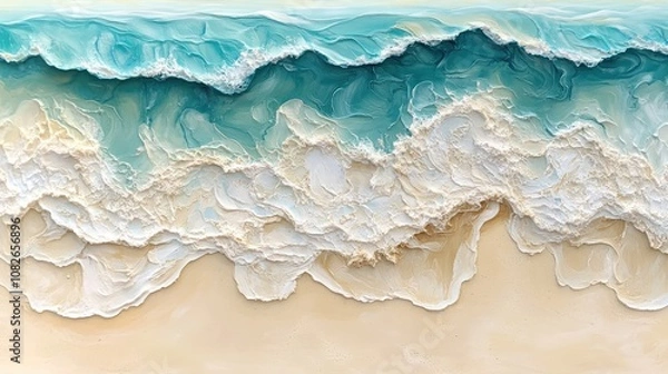 Fototapeta Aerial View of Serene Ocean Waves Crashing on a Sandy Shore, Capturing the Beauty of Turquoise Waters and White Foam, Perfect for Beach, Nature, and Coastal Travel-Themed Visuals