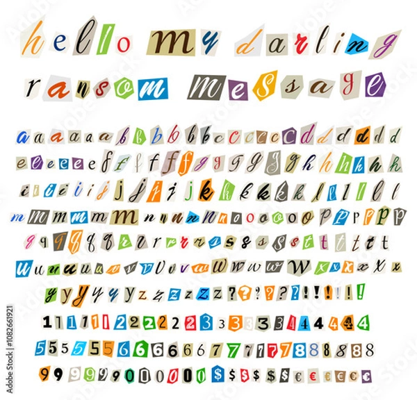 Obraz Anonymous color criminal small letters cut from newspapers and magazines. Cut out ransom vector letters alphabet. Blackmail or ransom kidnapper anonymous note font. Vector illustration.