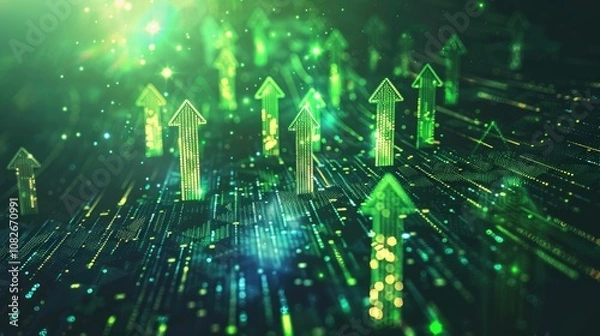 Fototapeta Investment concept with green arrows emerging from a digital grid
