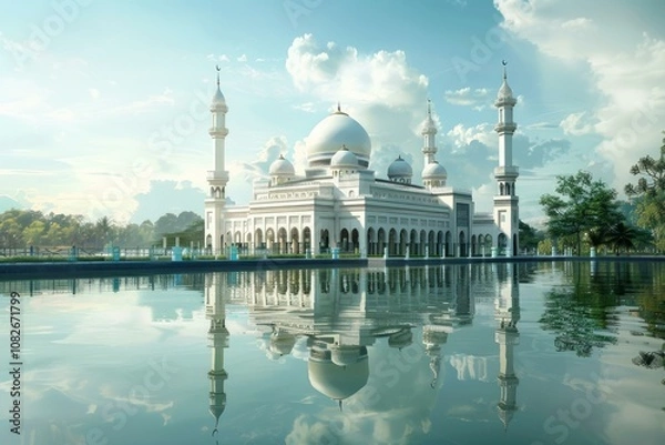 Fototapeta Majestic white mosque with multiple minarets and domes is reflecting in the water of a pond on a sunny day