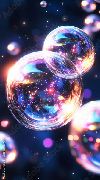 Fototapeta This abstract fantasy art piece features luminous bubbles suspended in space, each reflecting vibrant colors and casting a whimsical glow in a cosmic night setting
