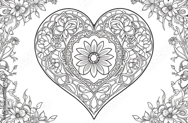 Obraz A detailed coloring book page featuring an intricate heart design, filled with floral patterns and delicate line work, perfect for a relaxing and creative activity.