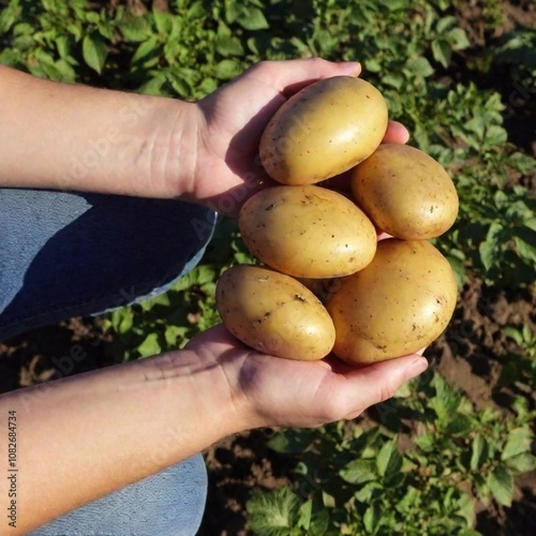 Fototapeta A high-resolution ultrarealistic image captures a pair of hands holding four freshly dug potatoes. The digital photograph details the earthy, textured surface of the potatoes, accentuated by remnants 