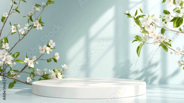 Fototapeta white round podium surrounded by blooming peach blossoms against soft blue background creates serene and elegant atmosphere, perfect for showcasing products or art