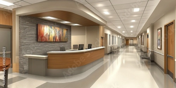 Fototapeta grey and cream modern hospital corridor with different rooms and wooden desk reception 