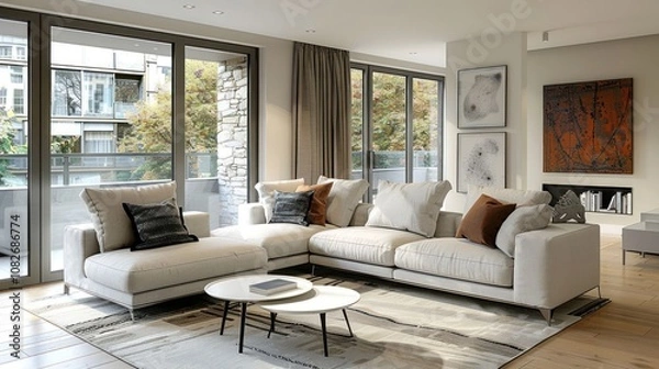 Fototapeta Modern living room with a large sectional sofa, two coffee tables, and a rug. The room is decorated with artwork and plants. The large windows let in natural light.