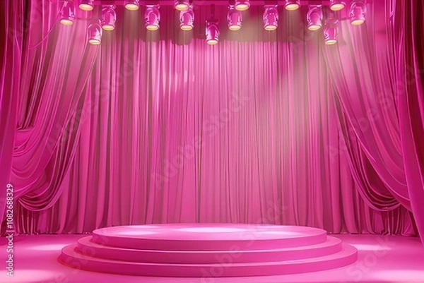 Fototapeta A stage with vibrant pink curtains and bright spotlights shines