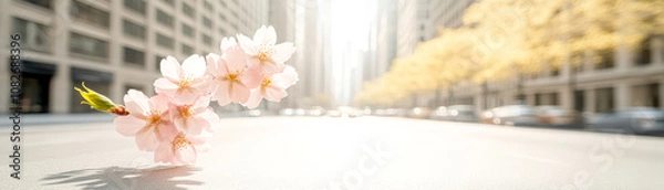Fototapeta A delicate branch of pink blossoms rests on a sunlit city street, creating a serene contrast against the blurred urban backdrop, Ideal for springtime themes, nature, or city life projects,